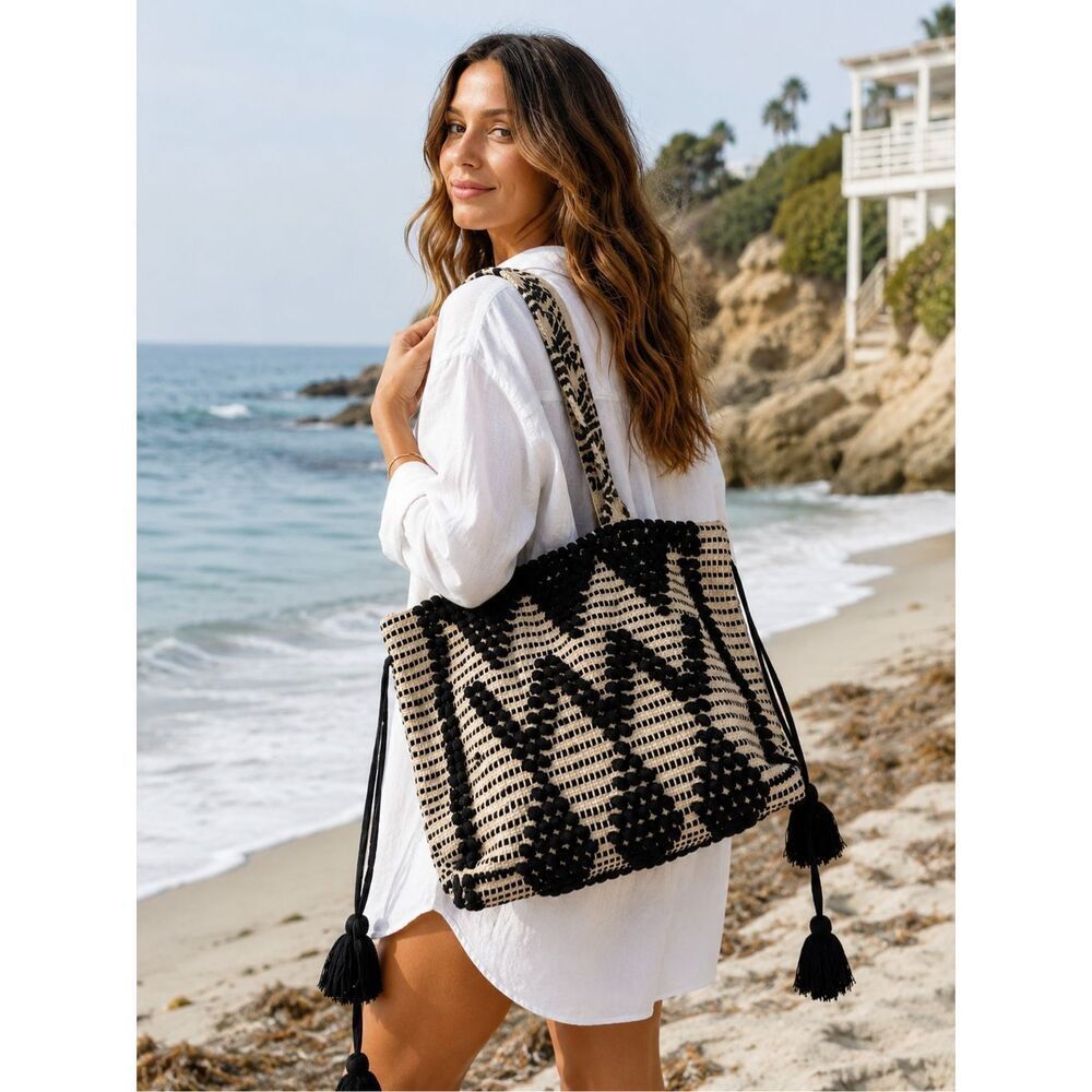 Lovestitch Black & Cream Textured Boho Tote Bag Tassel Shoulder Bag